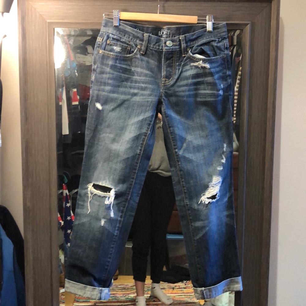 Destroyed dark wash boyfriend jeans